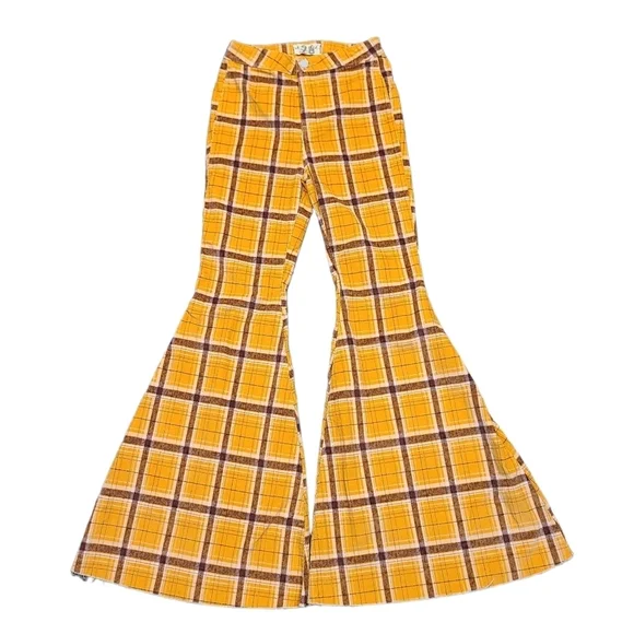 Free People Just Float On Wide Flare Bell Bottom Corduroy Pants Mustard Plaid 26 - Picture 3 of 16